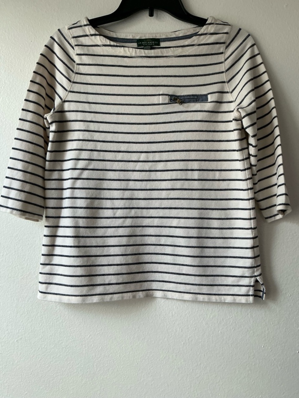 Lauren Ralph Lauren LRL Striped Boatneck Top S Cotton 3/4 Sleeve Zipper Detail